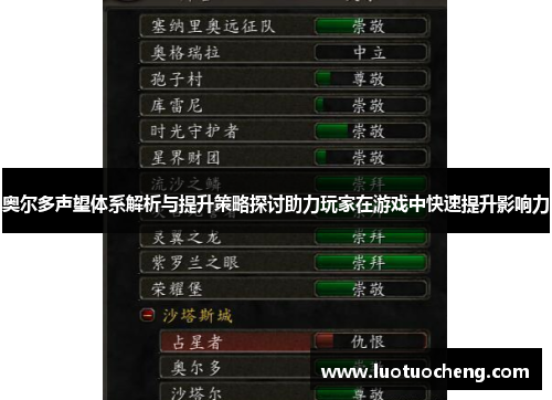 奥尔多声望体系解析与提升策略探讨助力玩家在游戏中快速提升影响力