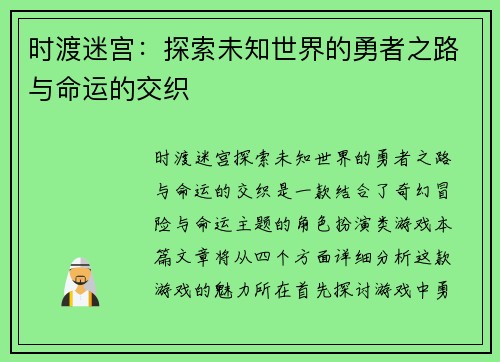 时渡迷宫：探索未知世界的勇者之路与命运的交织