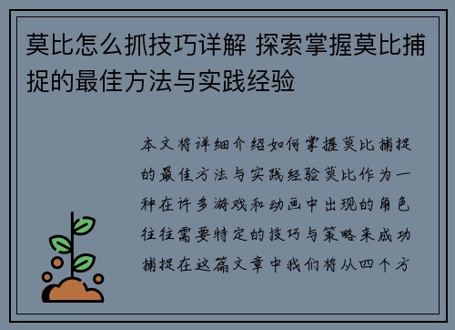 莫比怎么抓技巧详解 探索掌握莫比捕捉的最佳方法与实践经验 莫比怎么抓技巧详解 探索掌握莫比捕捉的最佳方法与实践经验